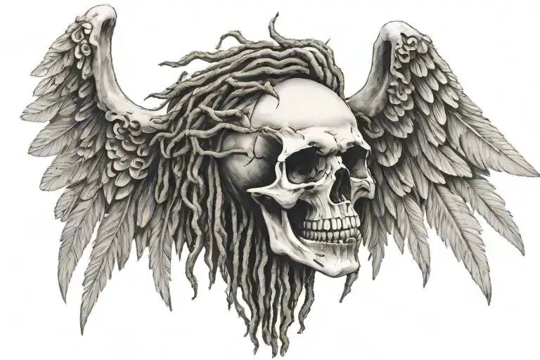 skull with dreads is angel wings tattoo design idea
