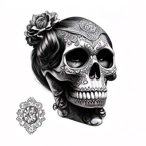 Black and gray drawing of Doña Florinda Mexican skull tattoo design idea