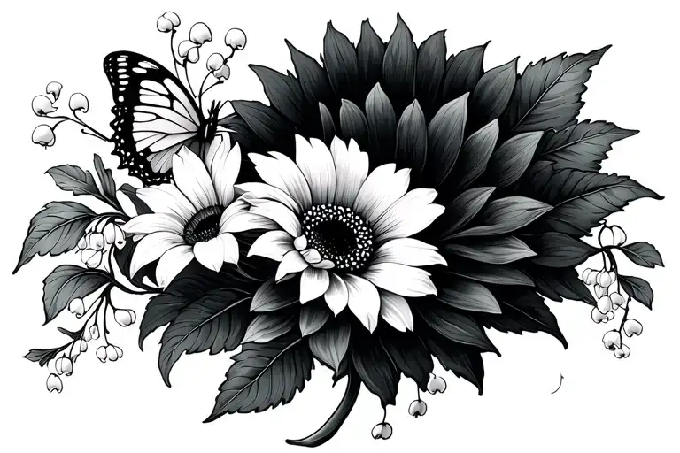 lily of the valley, sunflower, vines, chrysanthemum, morning glory with a butterfly tattoo design idea