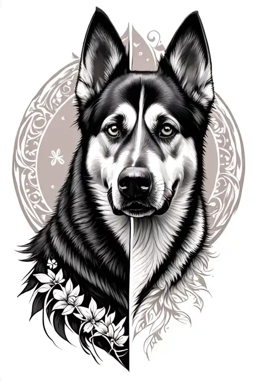 belgian malinois and siberian husky in yin yang form tattoo design idea