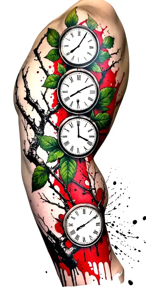 birch branches with hunter green leaves with only three clocks integrated into it for an arm sleeve with no red tattoo design idea