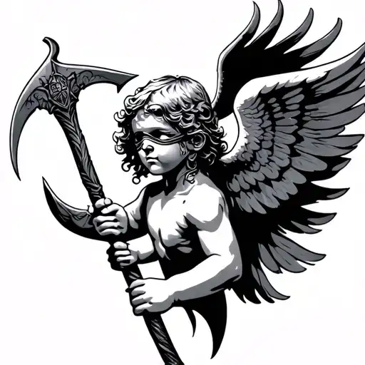 cherub blindfold holding scythe  tattoo design idea