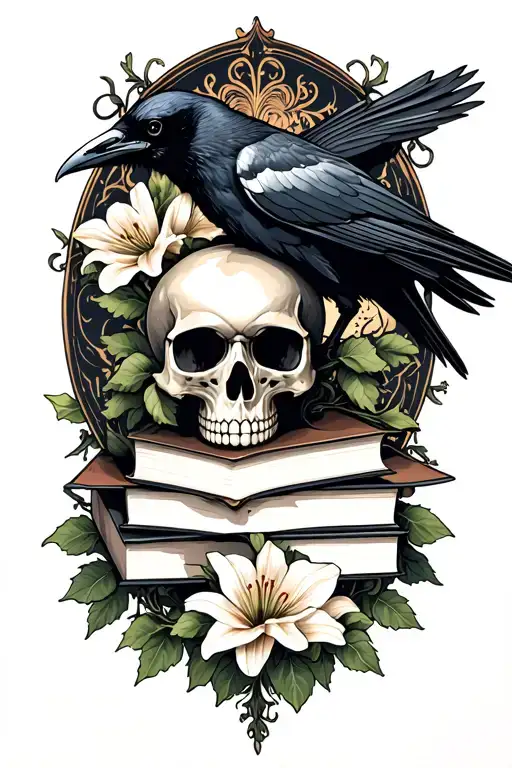 skull, raven perched on books , Lillies and vines , gothic  tattoo design idea