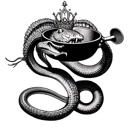 cobra wearing a tiara swinging a frying pan flying tattoo design idea