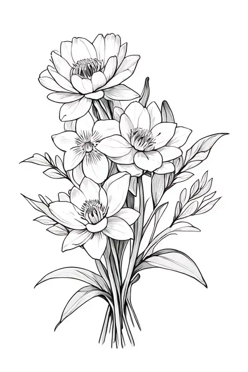 carnation, snowdrop narcissus, waterlily flower bouqets tattoo design idea