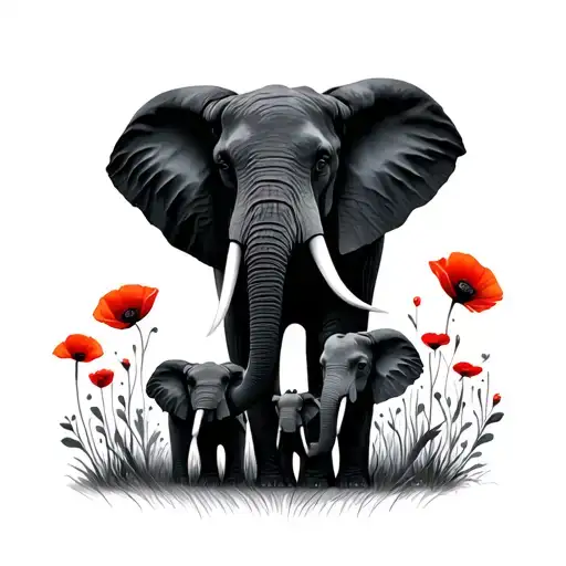 elephant family 4 in poppies tattoo design idea