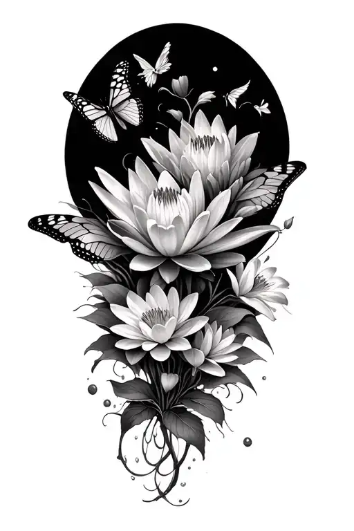 water lilly and butterflies and flowers coming tattoo design idea