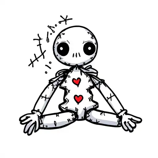 cute voodoo doll sewing itself back up and has some stitched on hearts and needles in it tattoo design idea