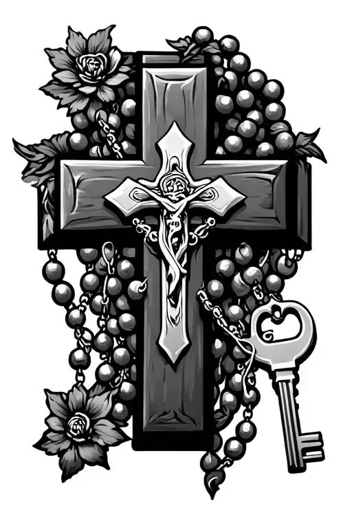 cross with two keys going diaganol and rosary beads surrounding and going through the cross tattoo design idea