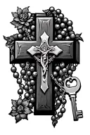 cross with two keys going diaganol and rosary beads surrounding and going through the cross tattoo design idea