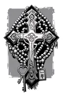 cross with two keys going diaganol and rosary beads surrounding and going through the cross tattoo design idea