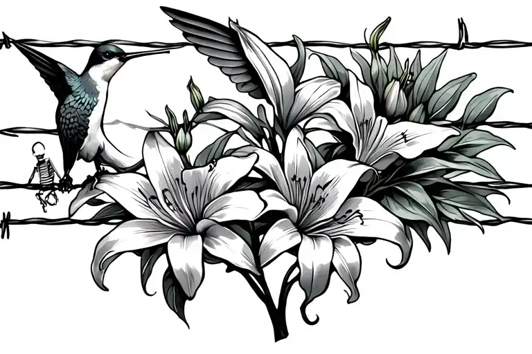 lilies growing off barbed wire with a humming bird, half moon and a skeleton half sleeve tattoo design idea