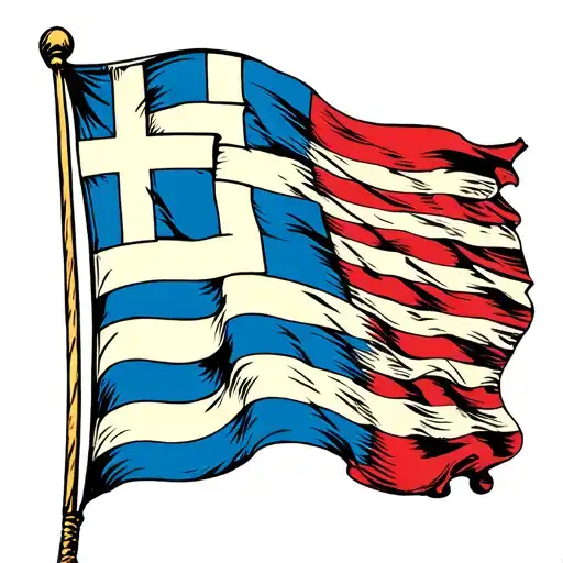 I want Greek flag including blue and white stripes with a cross on upper left and an American flag flying separately  tattoo design idea