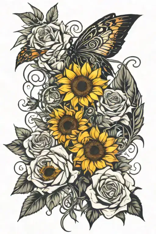 sunflowers and roses intertwined tattoo design idea
