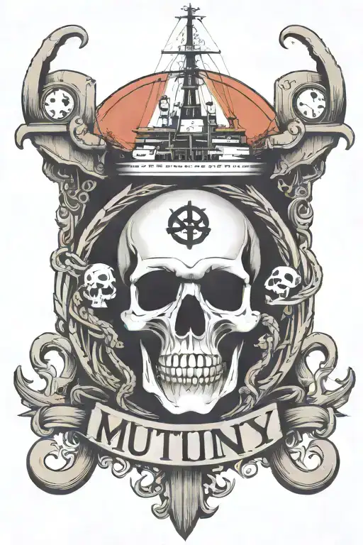 big container ship with stacks of containers with a skull and anchor below and with text below that says "mutiny" tattoo design idea