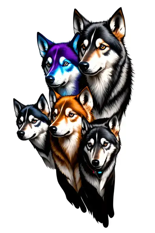 Dad Wolf, Mom Wolf, 3 pups. Collars have 1 of each color, blue for Gio, purple for Gianna and orange for Sonny tattoo design idea