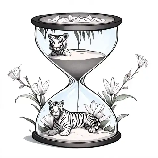 hourglass w baby white tiger in bottom sand w tiger lilies around top of hourglass with overdose awareness ribbon tattoo design idea