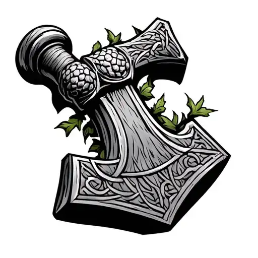 Hmjolnir The Thor hammer, the handle is entwined with vines with hop cones, on the head of the hammer there is an eng tattoo design idea