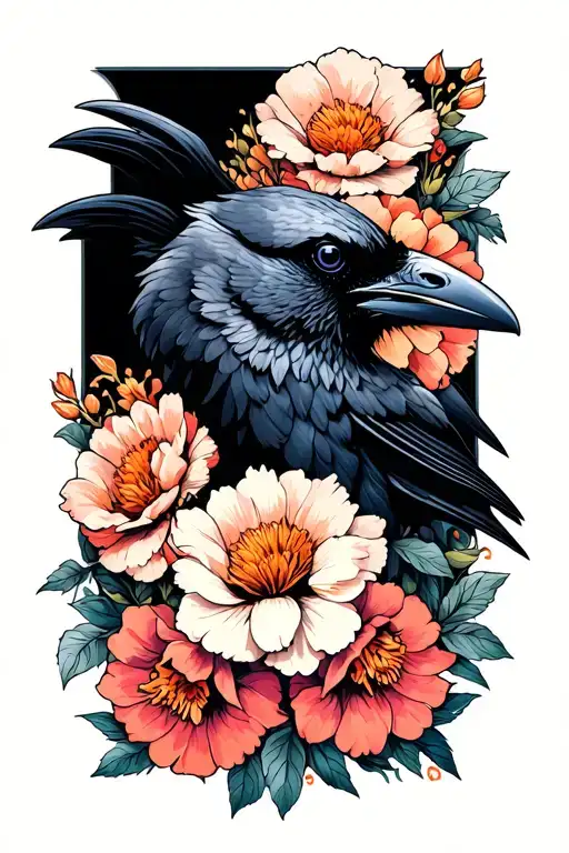 raven and flowers tattoo design idea