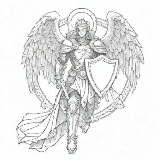 guardian angel knight with with and holding christian  shield  tattoo design idea