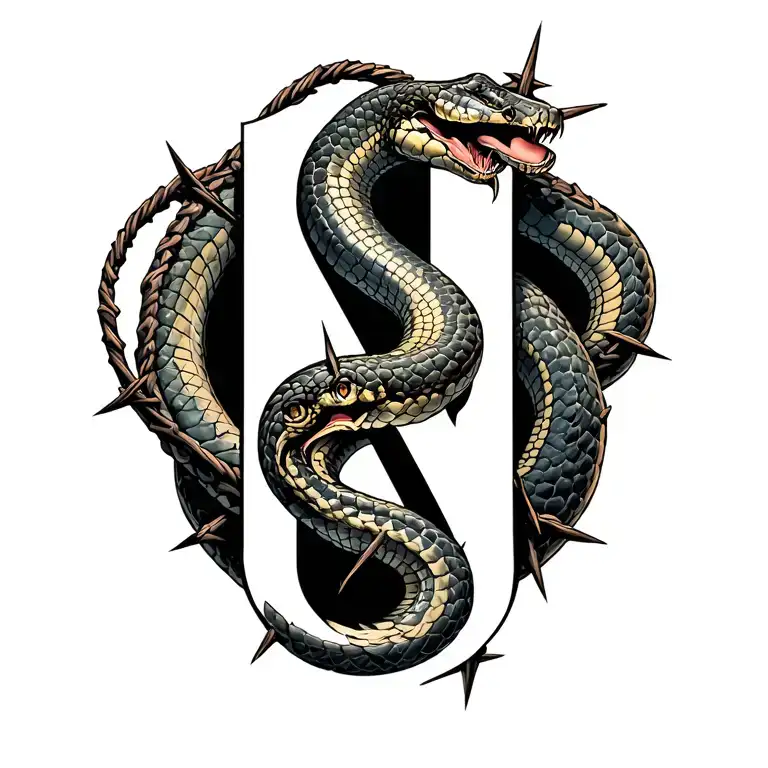barbed wire, snake, snakeskin, ferrish whell, N letter tattoo design idea