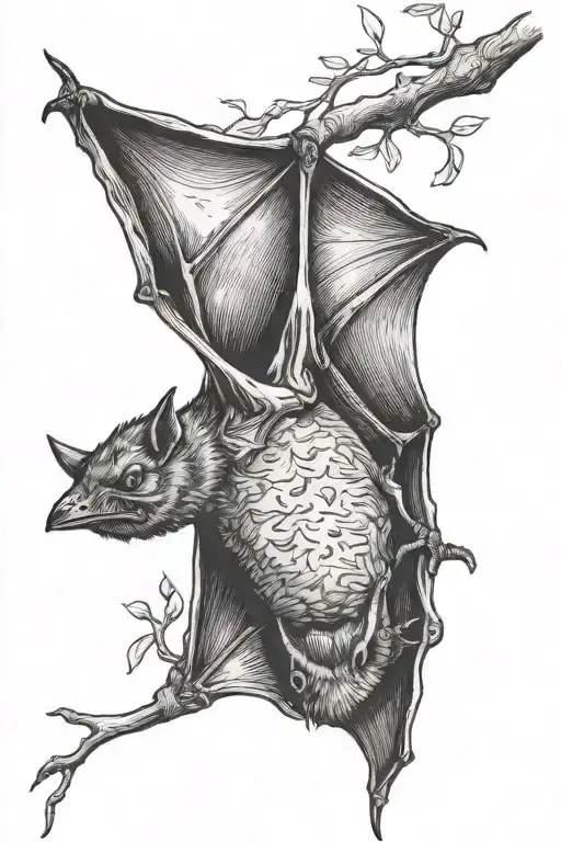 bat hanging upside down from branch tattoo design idea