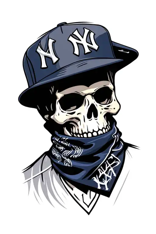skull wearing NY Yankees hat and a Yankees bandana over mouth tattoo design idea
