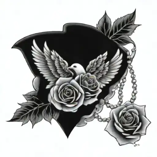 chicano style tattoo design for in the memory of someone with doves, roses, and roman numerals and hands with a necklace tattoo design idea