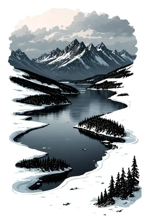 Birds Eye view of frozen lake surrounded by mountains  tattoo design idea