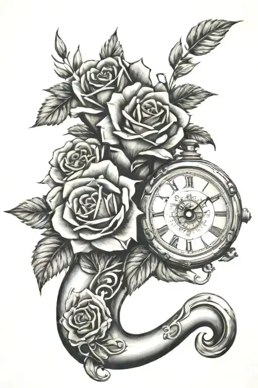 turbo motor, roses, clocks, mountain range tattoo design idea