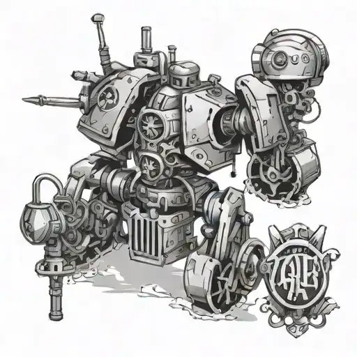 mechanicus 40k with banners for text tattoo design idea