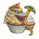 cupcake, snake frosting, trident with a flat chicken wing tattoo design idea