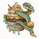 cupcake, snake frosting, trident with a flat chicken wing tattoo design idea