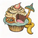 cupcake, snake frosting, trident with a flat chicken wing tattoo design idea