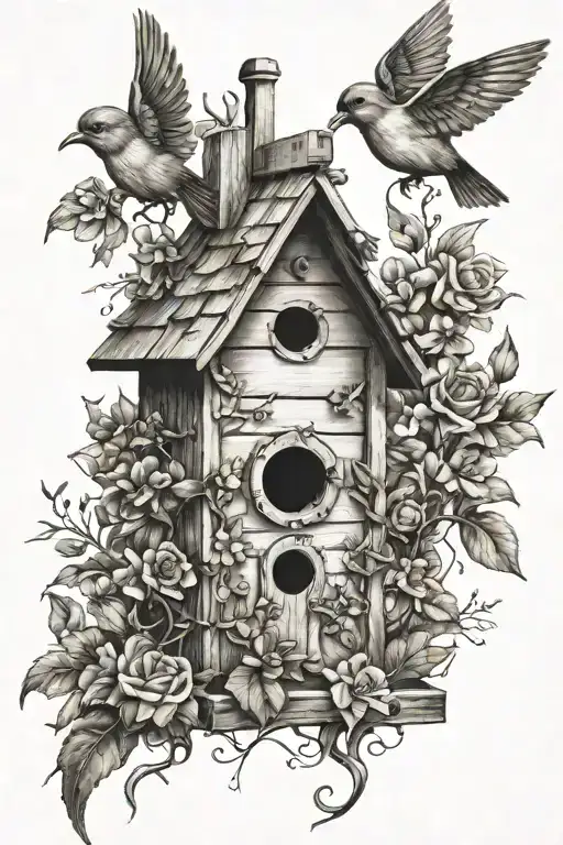 birdhouse with birds and fairies  tattoo design idea
