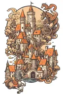 gothic medieval village with castle, knight in horse, winged unicorn, dragon tattoo design idea