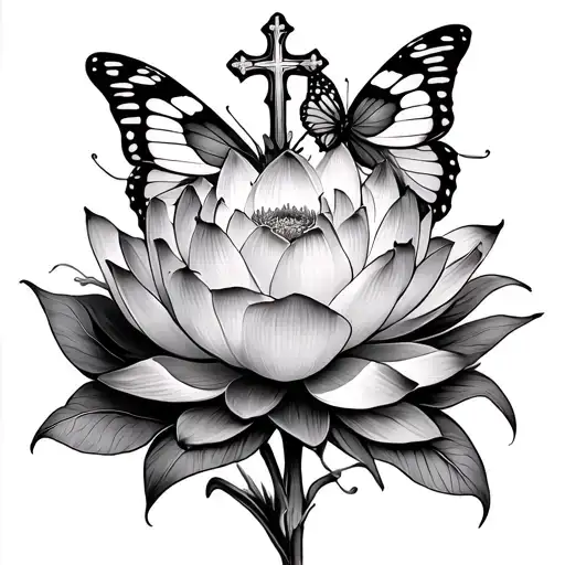 lotus flower with more flowers butterfly and a cross tattoo design idea