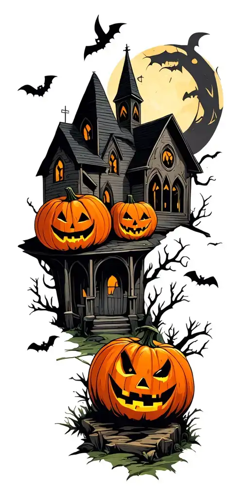 neo traditional with new school elements halloween scene with pumpkins, graveyard, abandoned church tattoo design idea