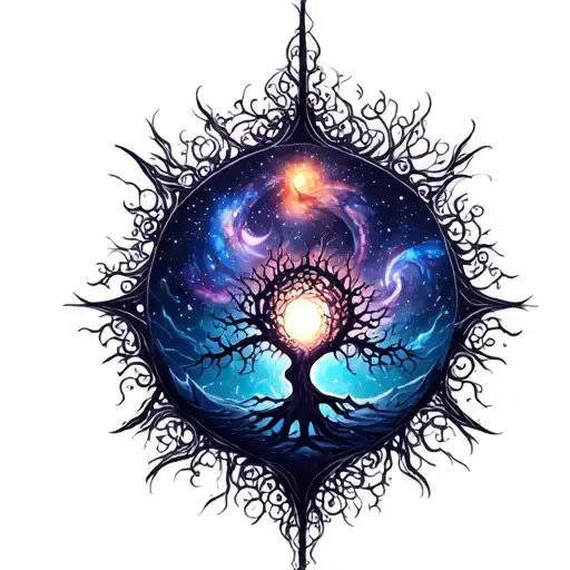 yggdrasill the world tree int half with galaxy tattoo design idea