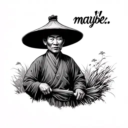 chinese farmer with text above saying "maybe.." tattoo design idea