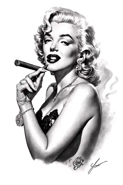 Marilin Monroe smoking cigar and semi -naked full body tattoo design idea