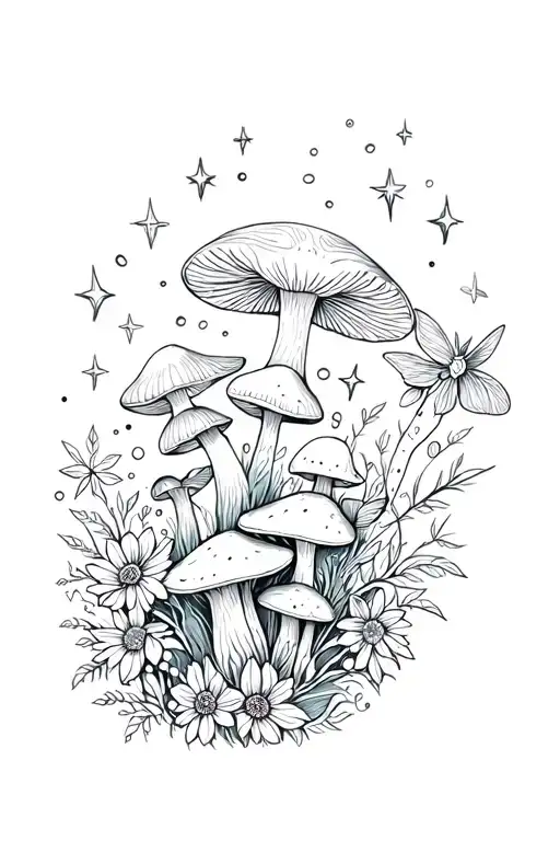 mushrooms, flowers, fairy, wolf, sparkles/stars tattoo design idea