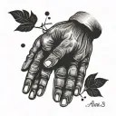 A minimalist depiction of a father and daughter's hands touching, with the name Alana 23/07/21 etched in tiny lettering along the edge of the design tattoo design idea
