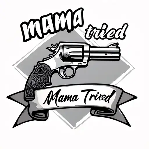 "mama tried " black and white tattoo of a revolver with a banner across it that says Mama Tried  tattoo design idea