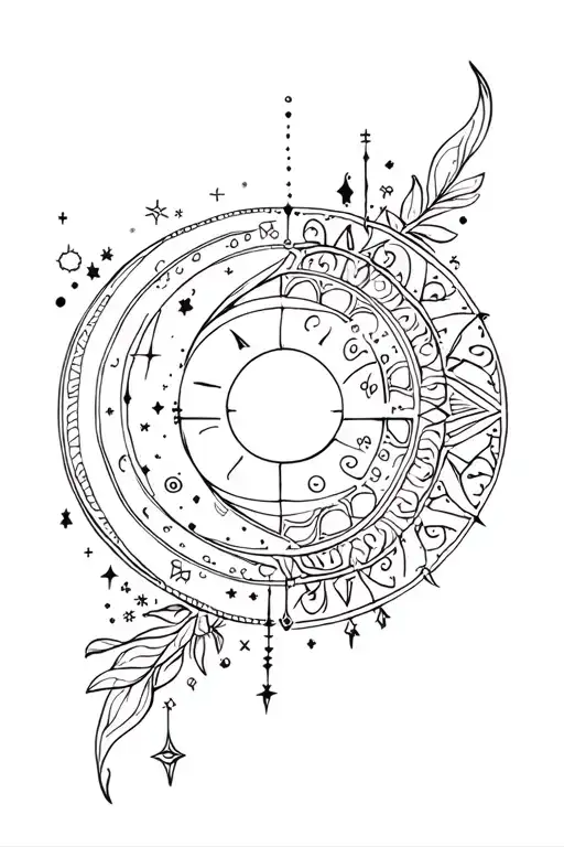 create a tattoo in a feminine style, with esoteric symbols (moon, sun, constellations) with mandala and tattoo design idea