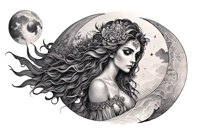 Selene moon goddess sexy fit tattoo design idea