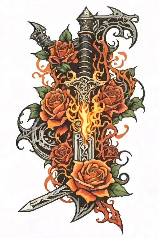 cool sword tatoo with flames coming out of it and under and flaming vines and roses on it, halos and motorcycle around i tattoo design idea