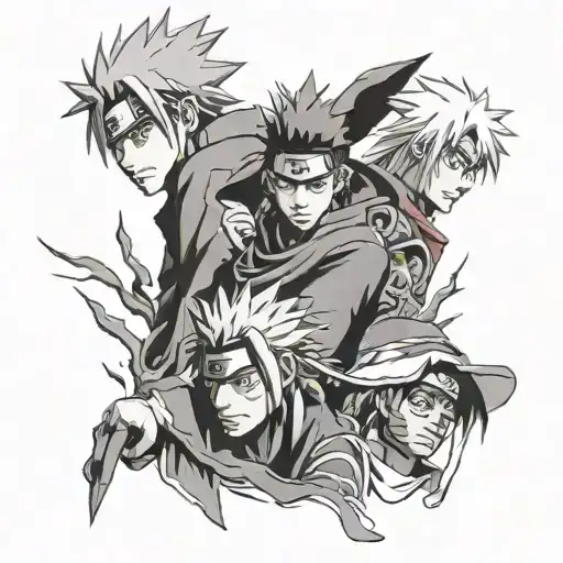 create an full arm tattoo idea of Naruto, Itachi, Minato, and Jiraya in one tattoo combined  tattoo design idea