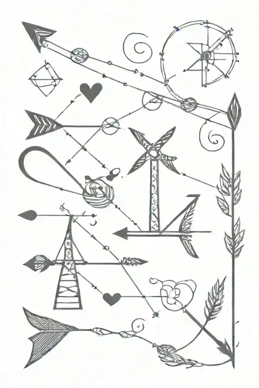 arrow tattoo with half windmill, dna strand, infinity symbol, 3 hearts and 2 dog prints  tattoo design idea