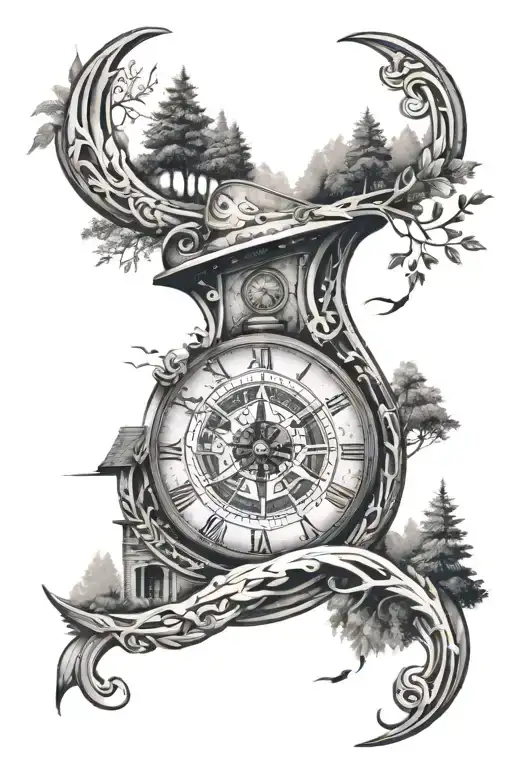 horseshoe compass clock path landscape forest sky stairs map tattoo design idea